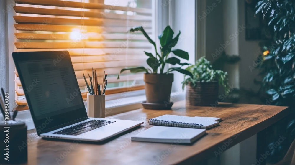 Laptop Workspace Illustration Sunlit Window Plants Notebook Laptop Workspace Illustration Sunlit Window Plants Notebook