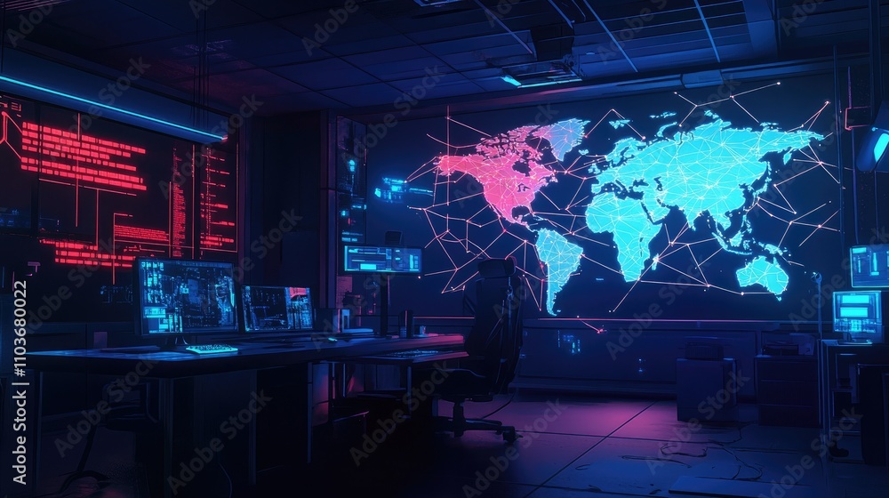 A network of holographic world maps with glowing connections, suspended in a dark tech lab; cyberpunk style, neon blue and magenta tones, ultra-detailed A network of holographic world maps with glowing connections, suspended in a dark tech lab; cyberpunk style, neon blue and magenta tones, ultra-detailed