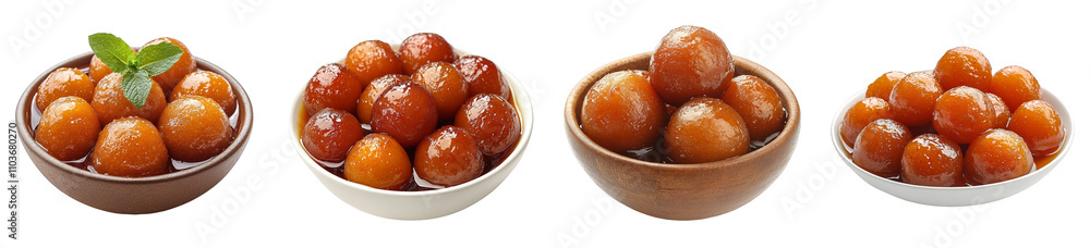 Delicious syrupy dessert balls arranged in four bowls transparent background Delicious syrupy dessert balls arranged in four bowls transparent background