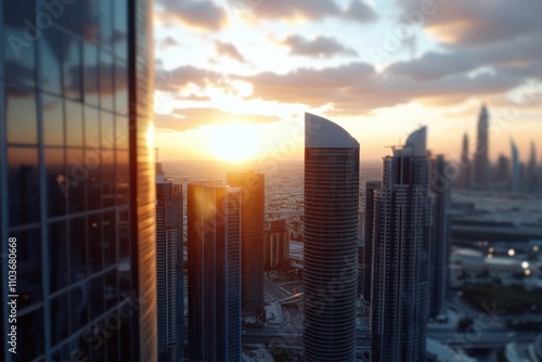 A breathtaking view of Dubai's highrises basking in a golden glow as the sun sets, highlighting the stunning skyscraper architecture of a vibrant urban landscape. photo