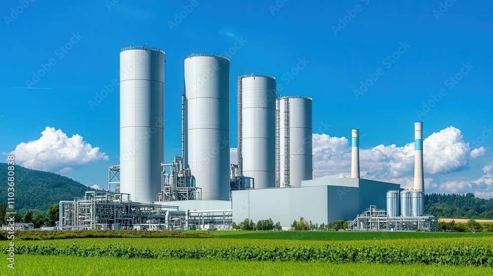 Fototapeta premium A modern industrial facility with tall silos and smokestacks, set against a clear blue sky and green landscape.