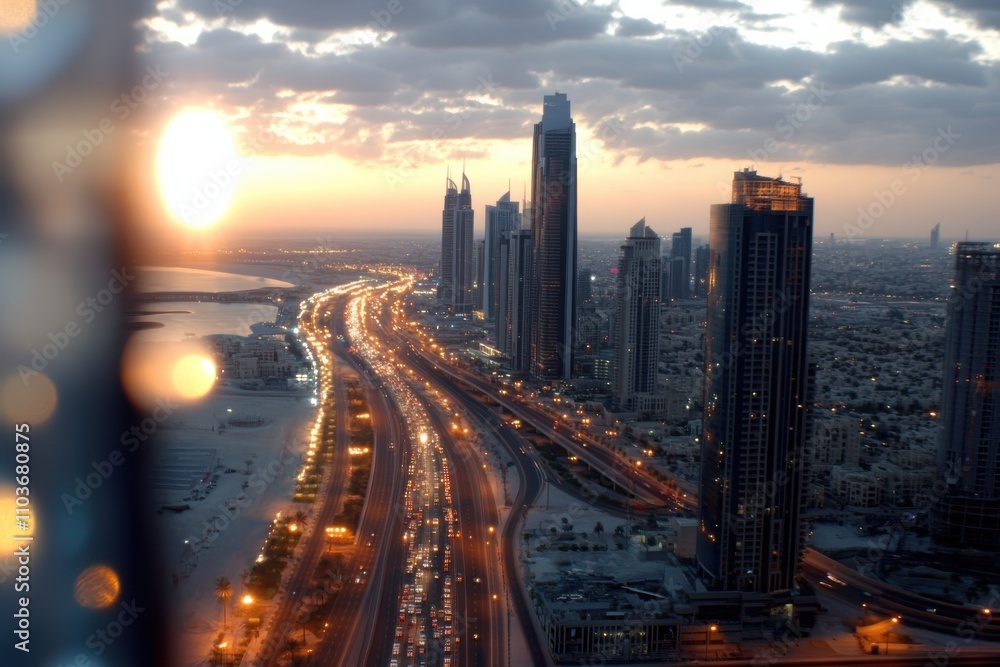 Fototapeta premium A dynamic nightscape of Dubai showcasing busy traffic lights amidst towering skyscrapers, illustrating the energetic life and motion of this vibrant urban environment.