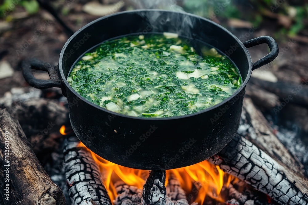 Freshly cooked hot green borscht also called white borscht or sorrel soup made in a cauldron over a campfire Freshly cooked hot green borscht also called white borscht or sorrel soup made in a cauldron over a campfire