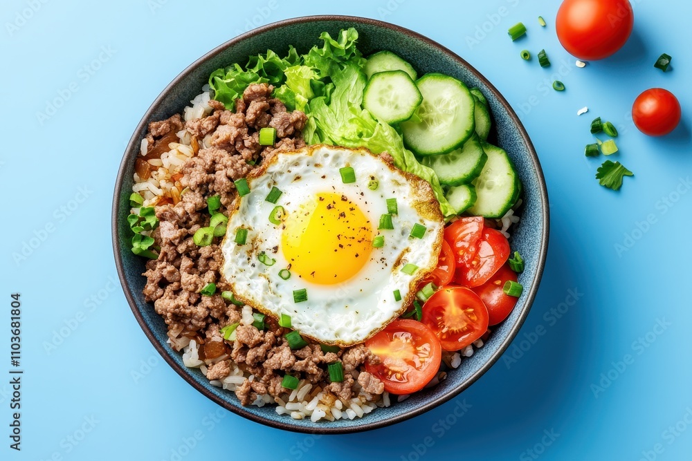 Fried rice with beef topped with a sunny side egg vegetables against a blue backdrop Fried rice with beef topped with a sunny side egg vegetables against a blue backdrop