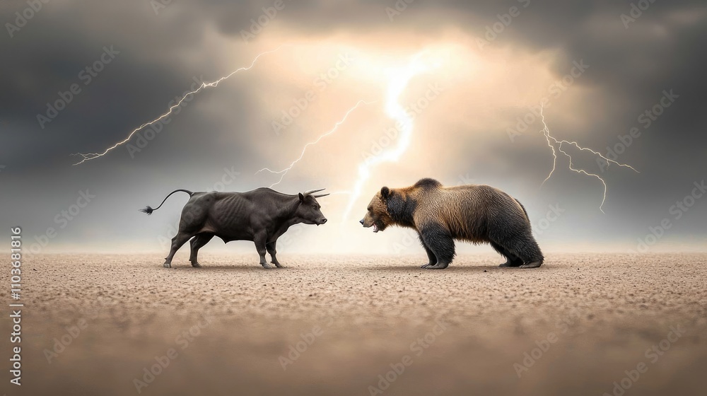 Dramatic face-off between bull and bear amid stormy skies wilderness animal encounter nature tension Dramatic face-off between bull and bear amid stormy skies wilderness animal encounter nature tension