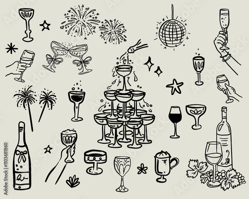 Beautiful whimsical style hand drawn, party elements with alcohol,cocktails and drinks vector set photo