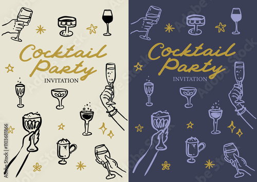 Beautiful hand drawn whimsical style vector Cocktail Party invitation templates 