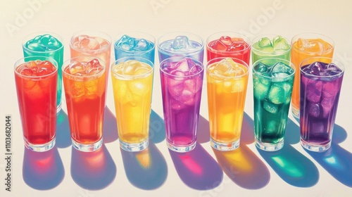 Assorted colorful soda beverages in tall glasses filled with ice, showcasing a vibrant spectrum of hues and shadows on a light background.