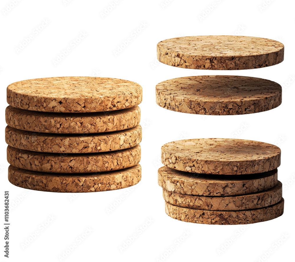 Cork coasters stacked in various positions, showcasing texture and design Cork coasters stacked in various positions, showcasing texture and design