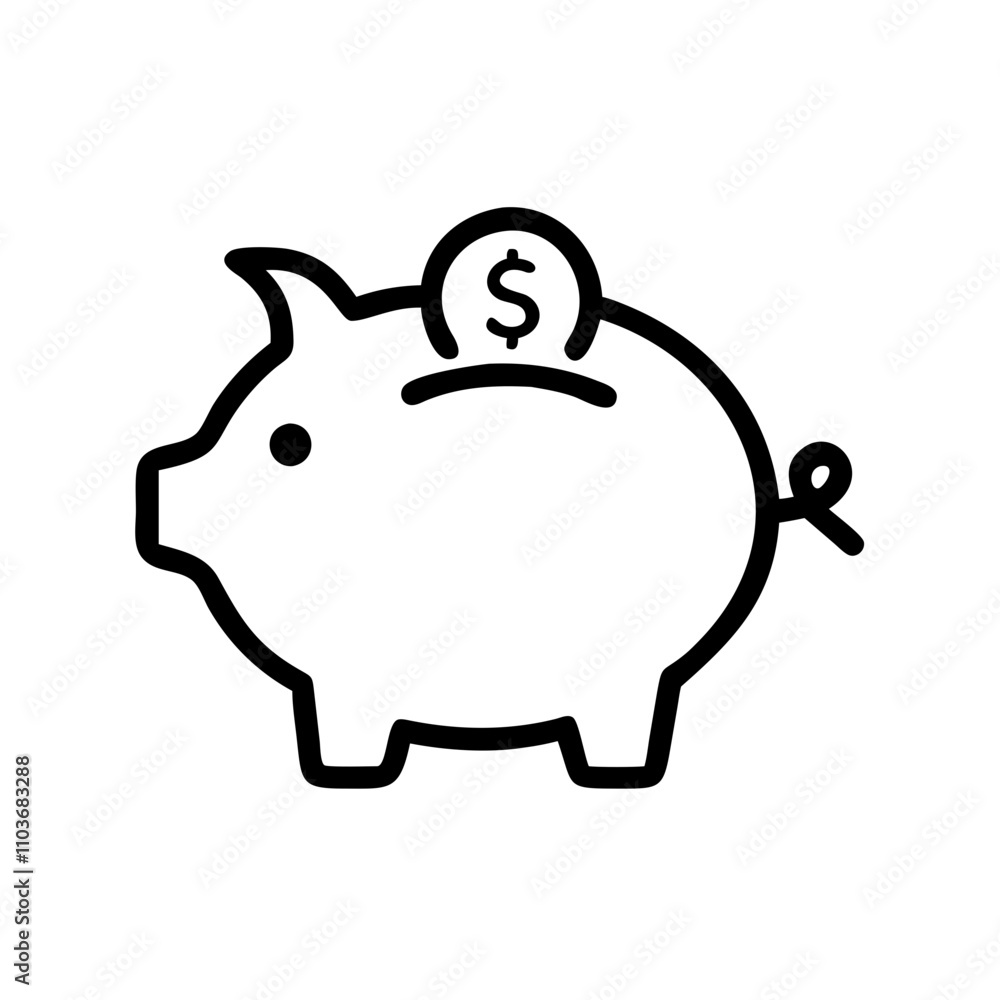 Good icon. Piggy bank with dollar coin symbolizing savings on white background Good icon. Piggy bank with dollar coin symbolizing savings on white background