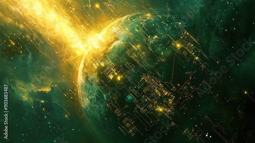 A stylized Earth with digital circuits radiating from it, forming a glowing network; digital painting, gold and emerald tones, fantasy-tech fusion 