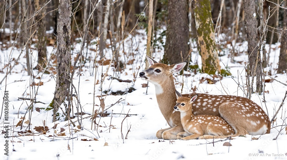 Fototapeta premium White-Tailed Deer Doe and Fawn Resting in Snowy Forest. Generator AI