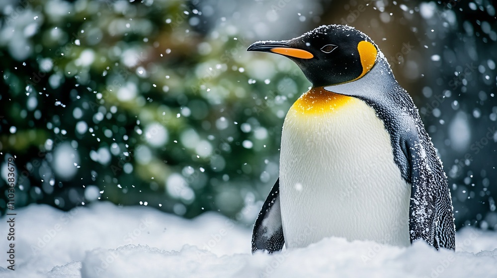 Obraz premium A majestic emperor penguin stands gracefully amidst falling snowflakes, showcasing its vibrant orange and yellow markings against a serene, snowy backdrop.