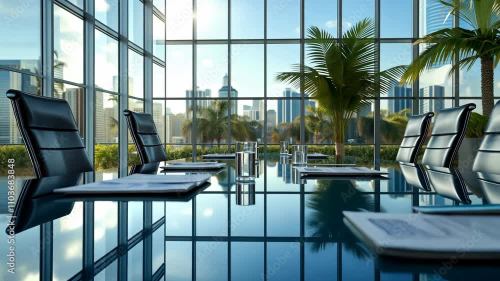 A modern conference room with a glass wall, showcasing a city view and organized documents. A modern conference room with a glass wall, showcasing a city view and organized documents.
