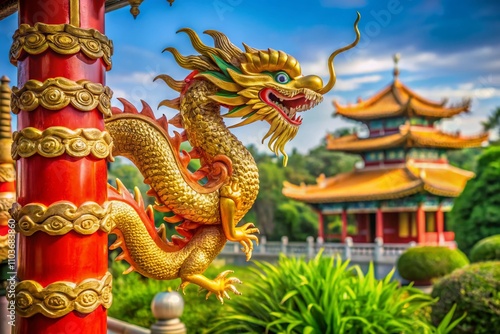 Wallpaper Mural Majestic Golden Chinese Dragon Adorning a Vibrant Red Pole, Symbolizing Strength and Prosperity in Traditional Asian Culture, Captured with High Depth of Field for Stunning Visual Impact Torontodigital.ca