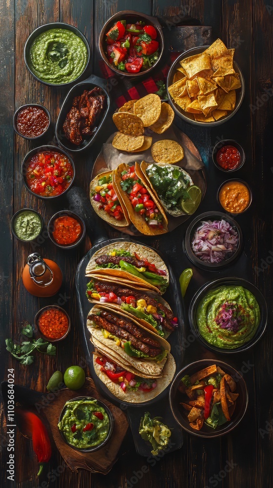 Fototapeta premium A photo of mexican food, including tacos, guacamole, pico de gallo, nachos and others, shot from the top with ingredients on a dark rustic wooden background. Mexican Food