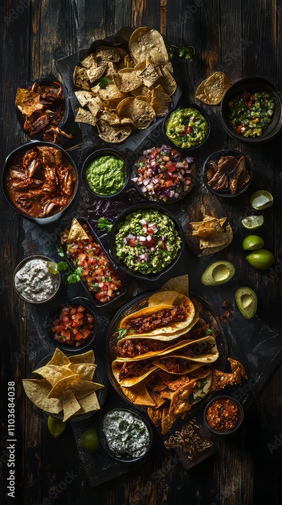 A photo of mexican food, including tacos, guacamole, pico de gallo, nachos and others, shot from the top with ingredients on a dark rustic wooden background. Mexican Food A photo of mexican food, including tacos, guacamole, pico de gallo, nachos and others, shot from the top with ingredients on a dark rustic wooden background. Mexican Food