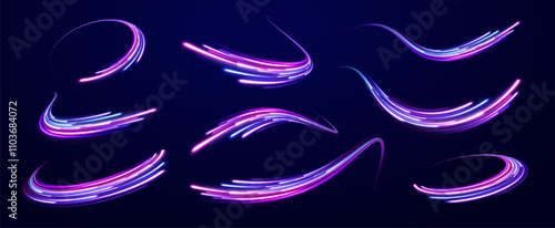  Neon stripes in the form of drill, turns and swirl. Speed of light concept background. Abstract background rotational border lines, png, effect, wave,neon,line. 