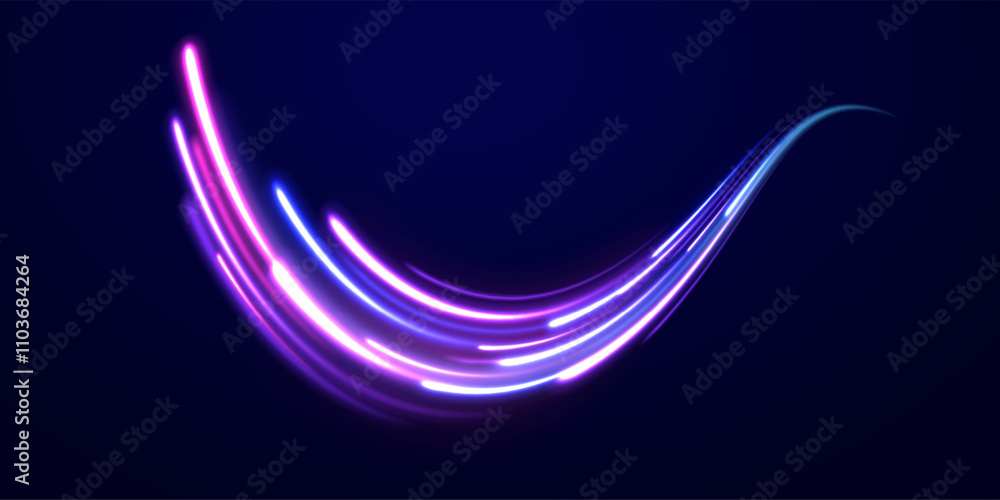Speed of light concept background. Abstract background rotational border lines, png, effect, wave,neon,line.  Neon stripes in the form of drill, turns and swirl. 