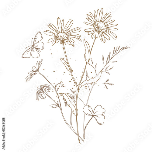 Field, meadow, wild flowers and herbs chamomile, meadow bluegrass, clover with a butterfly. Line art is a simple hand-drawn illustration in beige, ochre, brown ink. Bouquet flowers vector EPS