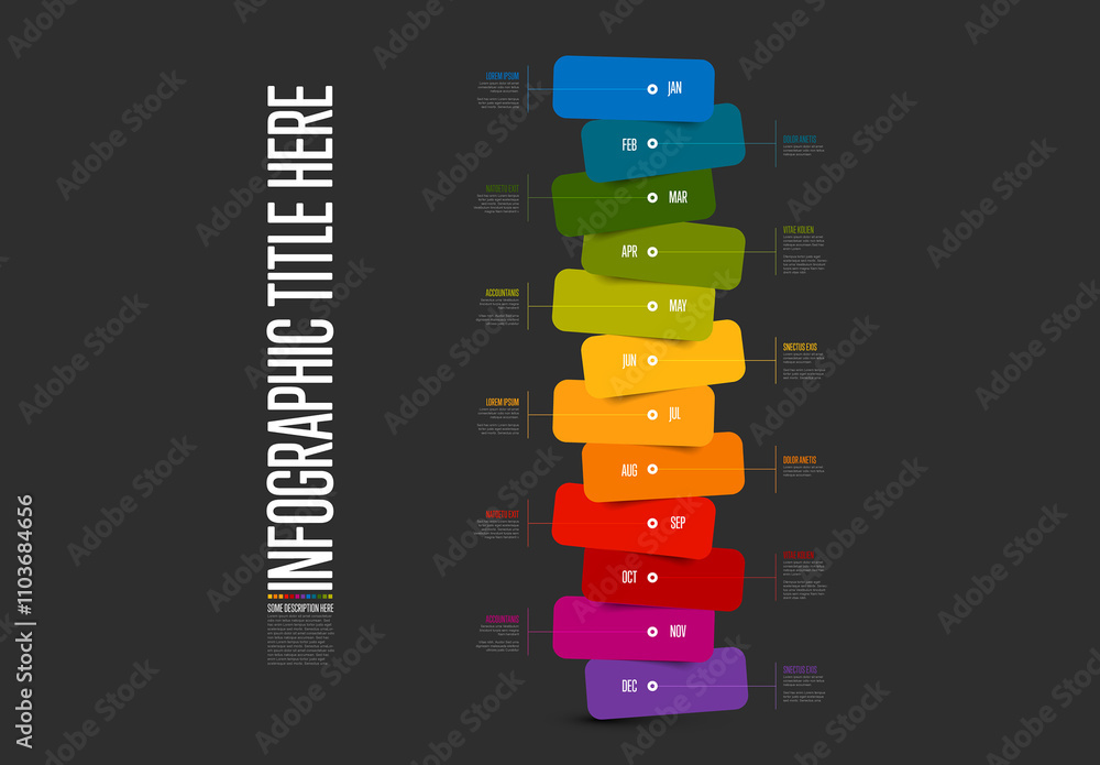 Full year timeline template with month names and rainbow color rectangle blocks on dark background