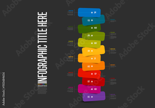 Obraz na płótnie Full year timeline template with month names and rainbow color rectangle blocks on dark background w salonie