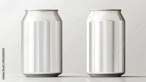 Two white aluminum beverage cans in 330ml and 500ml sizes positioned elegantly on a pristine white background with soft lighting. photo