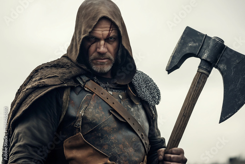 Warrior in battle attire holding a large axe against a cloudy sky. Generative AI