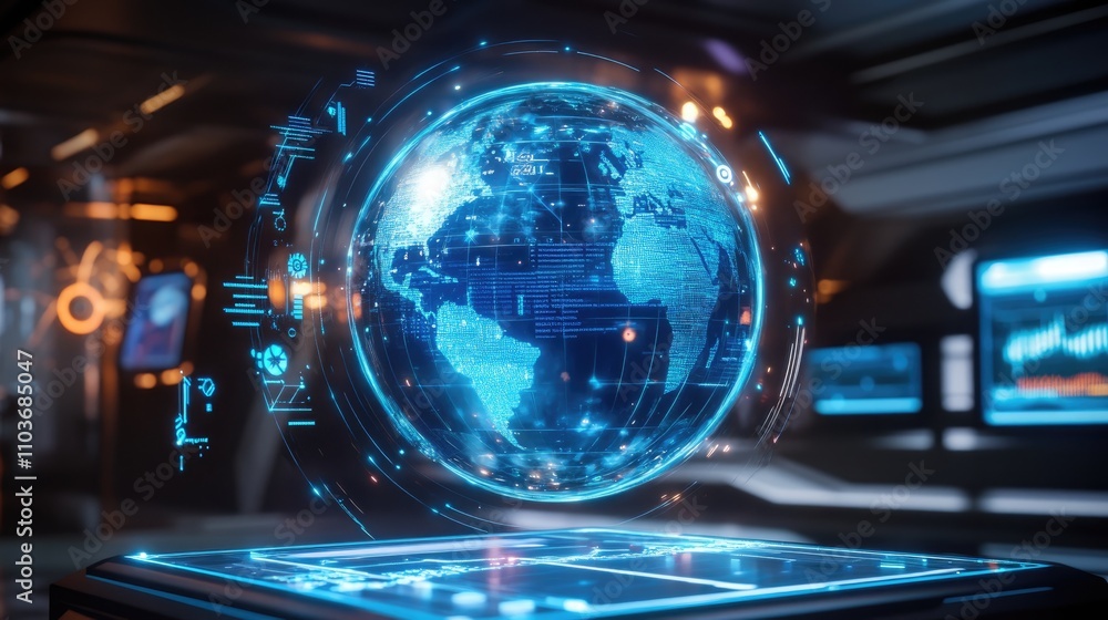A holographic interface showing a spinning globe with data streams and analytics; hyper-realistic, bright neon blue, immersive design A holographic interface showing a spinning globe with data streams and analytics; hyper-realistic, bright neon blue, immersive design