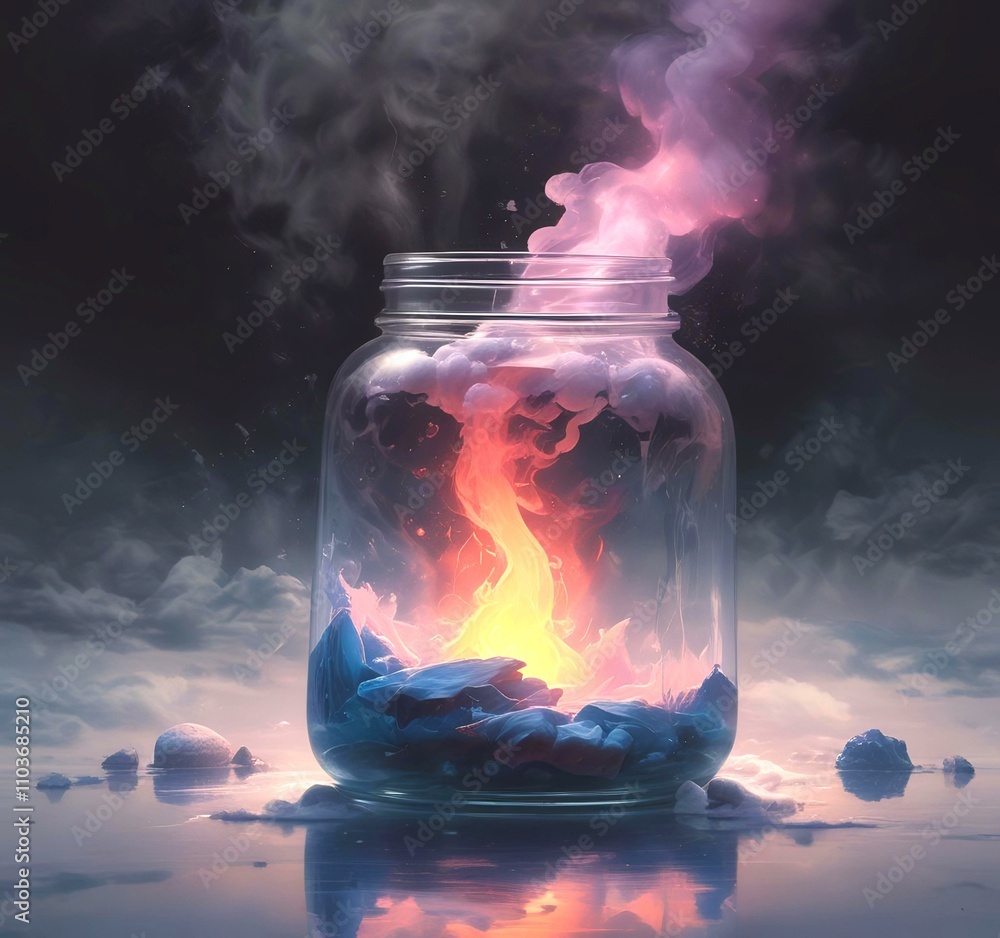 Illustration of dramatic magic smoke in glass jar. Illustration of dramatic magic smoke in glass jar.