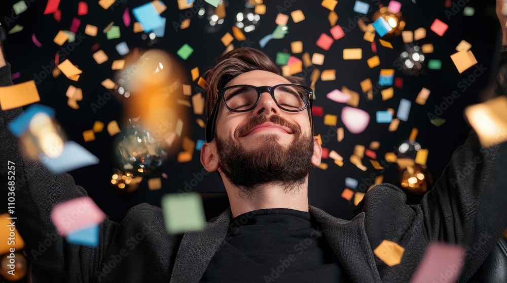 Celebration Moment with Confetti and Joyful Man Enjoying a Festive Atmosphere Celebration Moment with Confetti and Joyful Man Enjoying a Festive Atmosphere