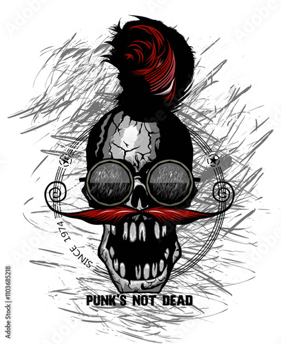 Tête de mort à moustache hipster skull moustachu et crane lunette de soleil ronde punk slogan photo