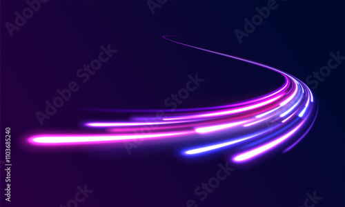 Big data traffic visualization, dynamic high speed, png, effect. Vector glowing lines air flow effect. Light trail wave, fire path trace line, car lights, optic fiber and incandescence curve twirl. 
