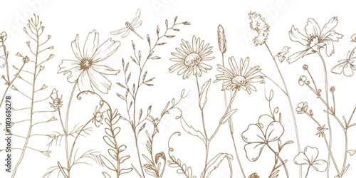 Field, meadow, wild flowers and herbs cosmos, chamomile, clover and insects. Line art is a simple hand-drawn illustration in beige, ochre, brown ink. Seamless border pattern vector EPS