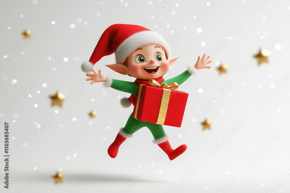 Cheerful christmas elf jumping with gift as snow falls gently Cheerful christmas elf jumping with gift as snow falls gently