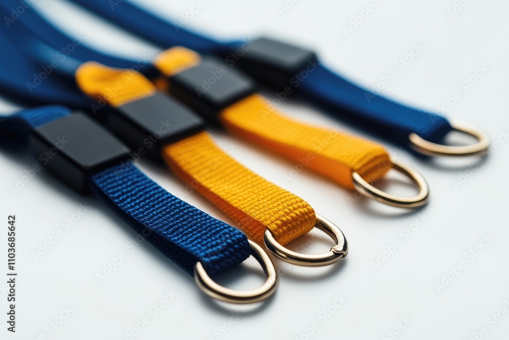 Blue and yellow lanyards with black plastic cases and metal rings resting on white surface Blue and yellow lanyards with black plastic cases and metal rings resting on white surface