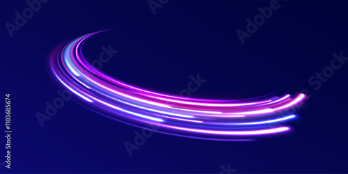 Creative vector illustration of flying cosmic meteor, planetoid, comet, fireball isolated on transparent background. Effect, png, wave,neon,line. Light arc in neon colors, in the form of a turn.  