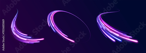  Light arc in neon colors, in the form of a turn.  Creative vector illustration of flying cosmic meteor, planetoid, comet, fireball isolated on transparent background. Effect, png, wave,neon,line.