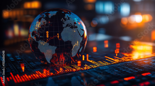 glass globe displays a world map with data points and a downward trending graph overlaid It rests on a screen showing stock market data, indicating global economic fluctuations
 photo