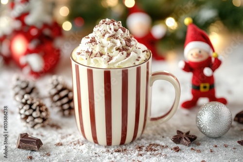 Delicious hot chocolate with whipped cream and chocolate shavings for christmas