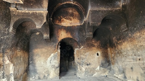 A door and walls of the Virgin Mary Church in the ancient Ayazini Metropolis in Afyonkarahisar, built between 8th and 10th centuries AD, carved into a single tuff rock. photo