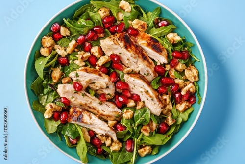 Grilled chicken salad with spinach arugula nuts and pomegranate Healthy keto friendly meal Overhead view on a blue table photo