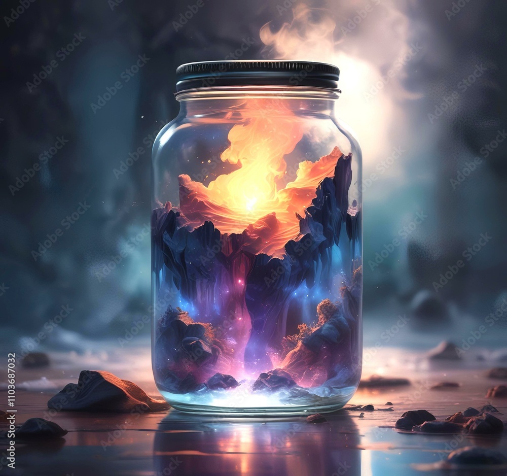 Illustration of dramatic magic smoke in glass jar. Illustration of dramatic magic smoke in glass jar.