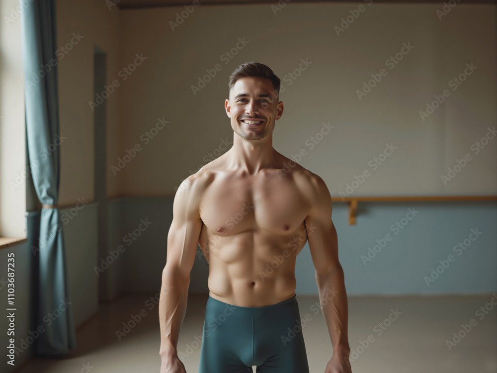 Obraz premium Smiling male ballet dancer showing strong physique in dance studio