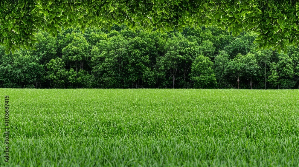 Obraz premium A lush green field bordered by dense trees, showcasing nature's vibrant colors and tranquility.