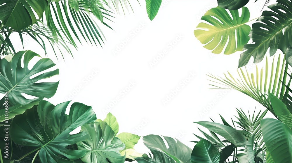 Naklejka premium Lush green tropical leaves arranged on a bright white background for a fresh and vibrant natural aesthetic