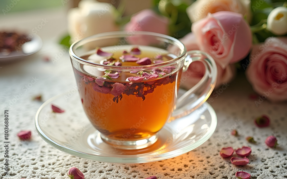 Rose herbal tea in glass cup with lace table setting Rose herbal tea in glass cup with lace table setting