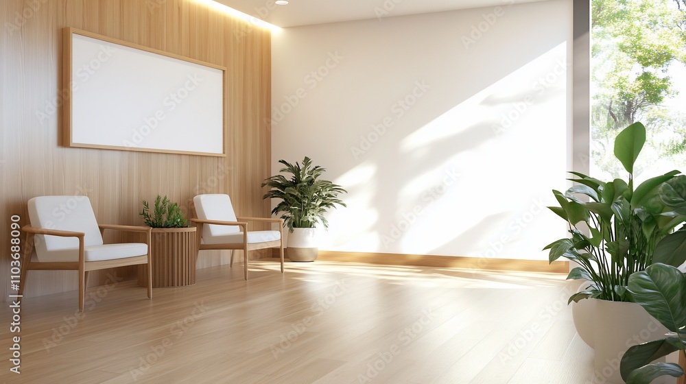 Minimalist waiting area with wooden walls, white chairs, and plants. Minimalist waiting area with wooden walls, white chairs, and plants.