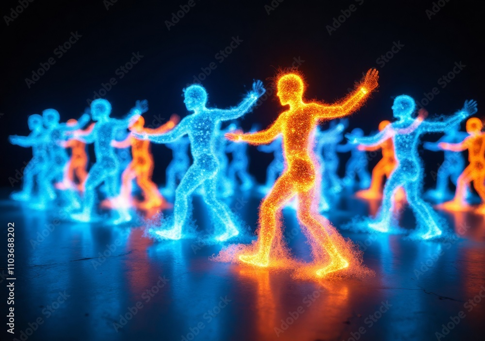 Colorful glowing figures dancing together in a futuristic environment at night Colorful glowing figures dancing together in a futuristic environment at night