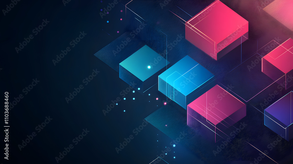Abstract background with glowing isometric cubes in shades of pink, blue, and purple. Lines and dots add depth to this modern, tech-inspired design, perfect for presentations or websites. Abstract background with glowing isometric cubes in shades of pink, blue, and purple. Lines and dots add depth to this modern, tech-inspired design, perfect for presentations or websites.